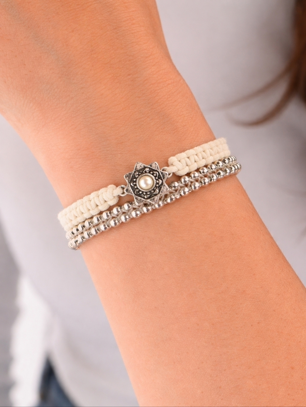 3/$30 Set of Two Ivory Floral Silver Beaded Macrame Adjustable Bracelets